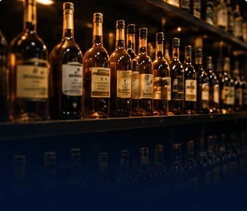 Alcohol and spirits products displayed on a retail shelf